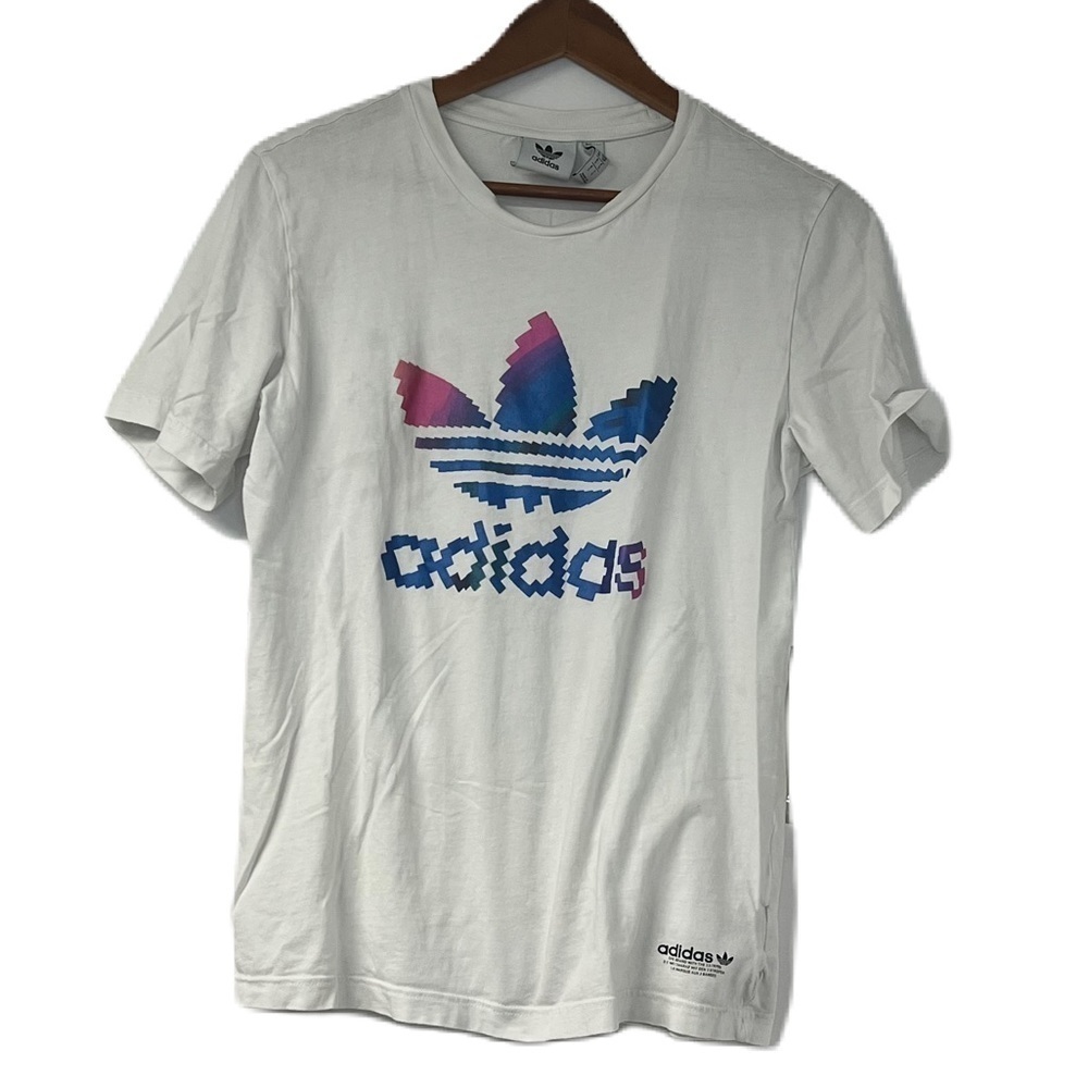Adidas Men's S White pink purple blue logo graphic short sleeve tee casual sport